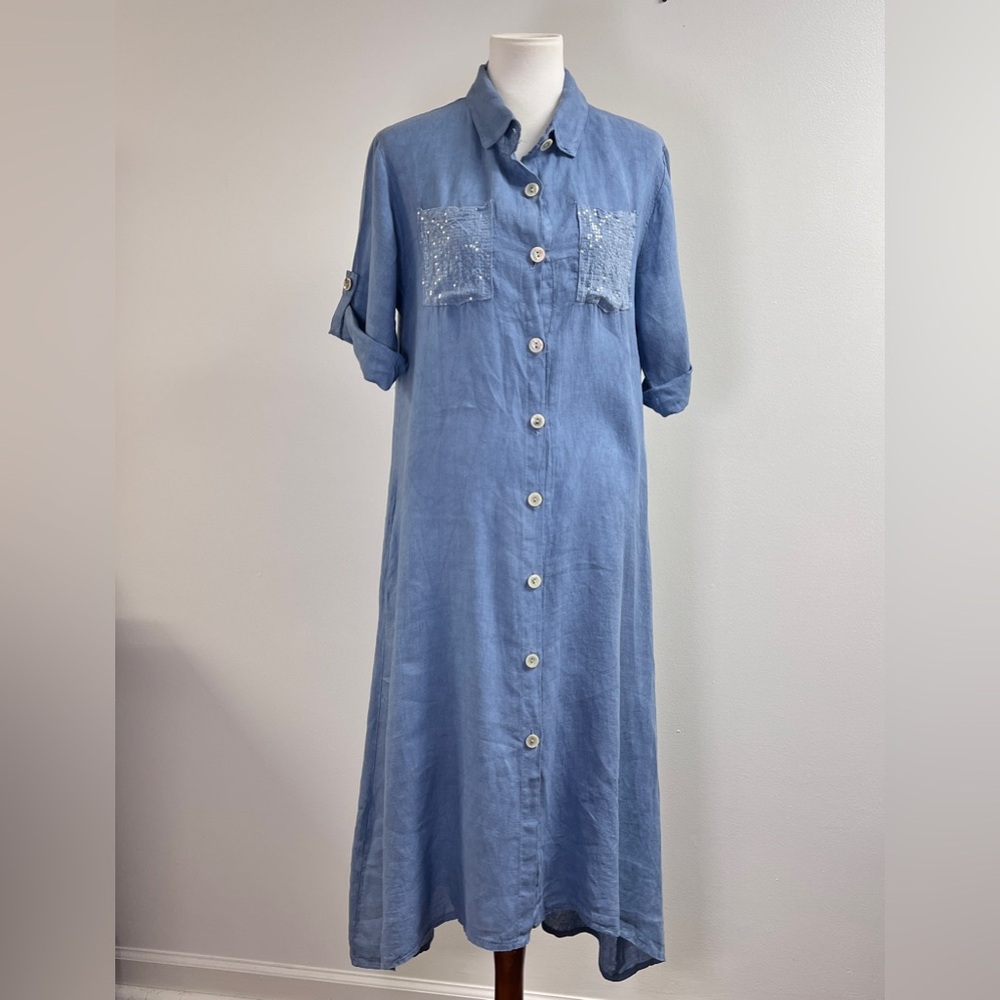 Oversized Italian Linen Button-down midi shirt dress, size small. Sequins blue